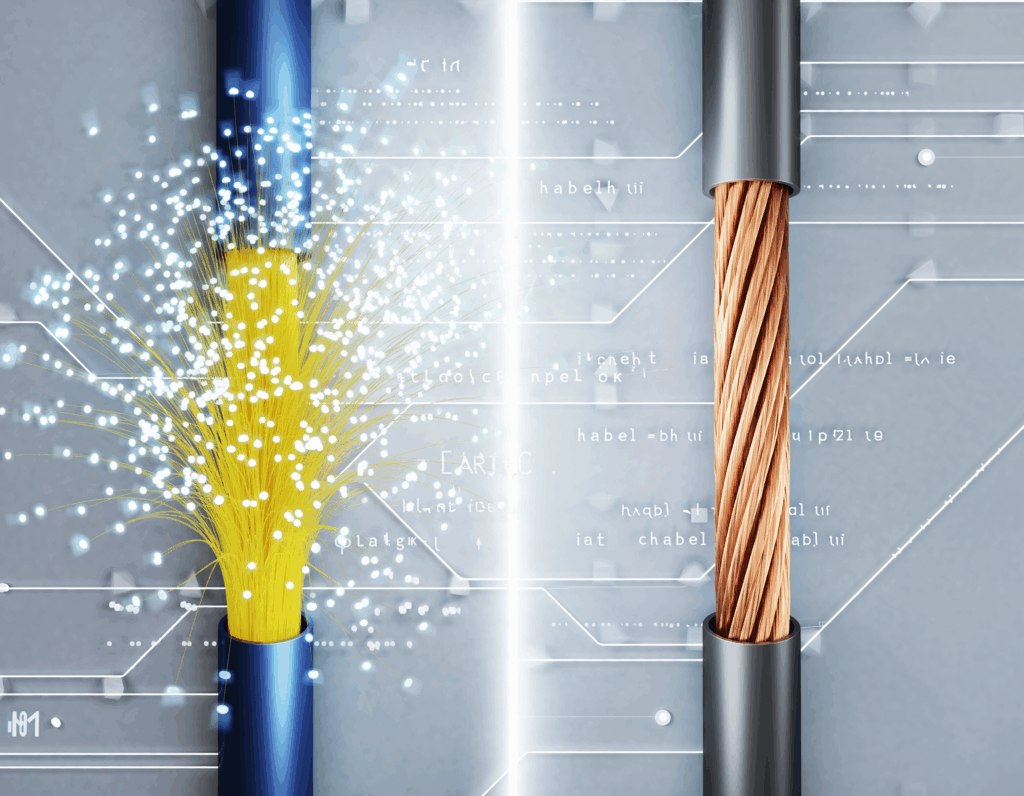 Vergleich von FTTH-Glasfaseranschluss und FTTC-Kupferleitung: links leuchtende Glasfaserkabel, rechts klassische Kupferfaden.