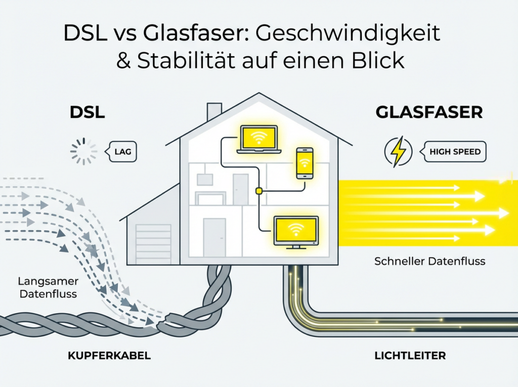 Ein Haus wird mit Glasfaser versorgt.