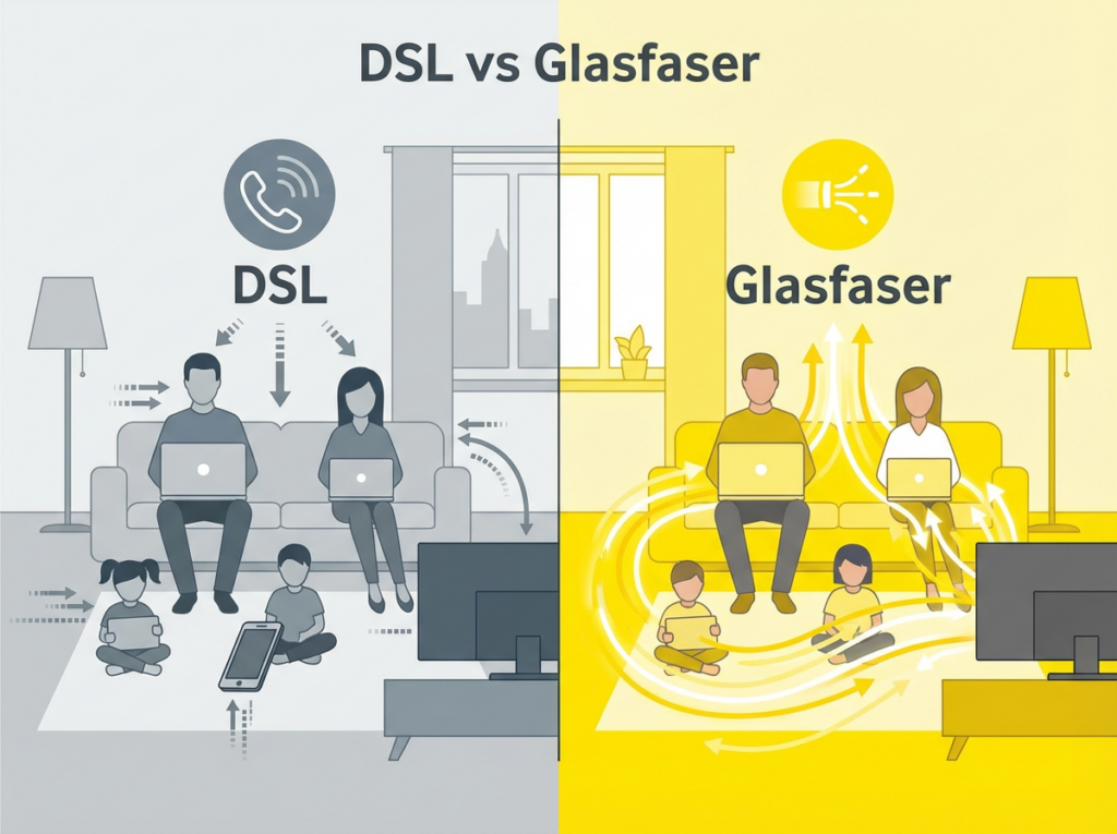 Zwei Familien. Eine Familie nutzt DSL, die andere Glasfaser.