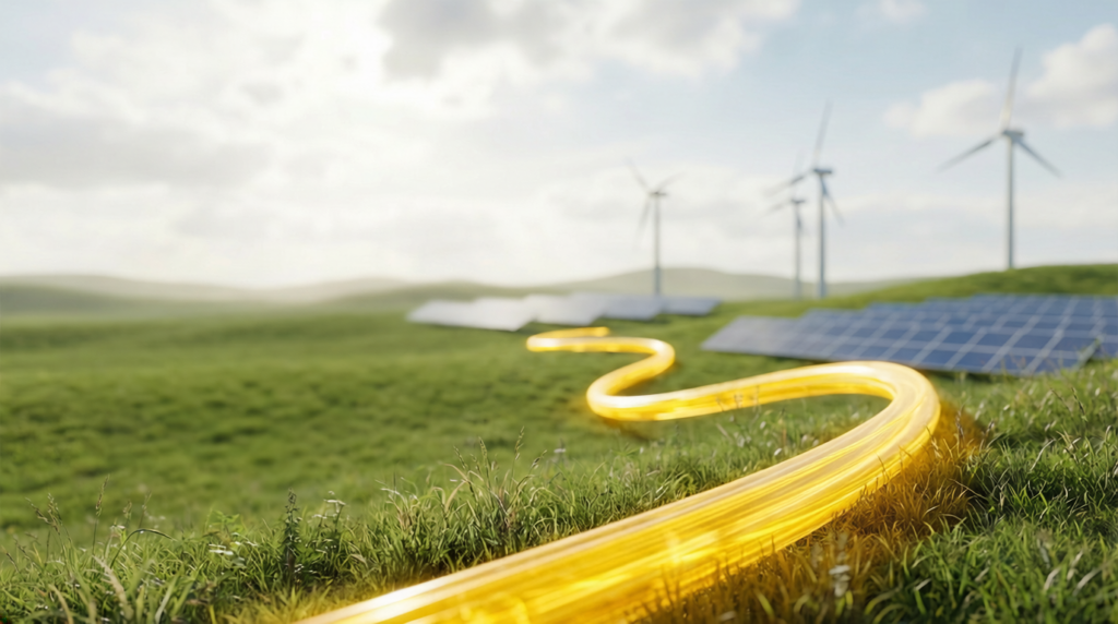 Gelbes Glasfaserkabel im Gras, im Hintergrund sind Windräder zu sehen