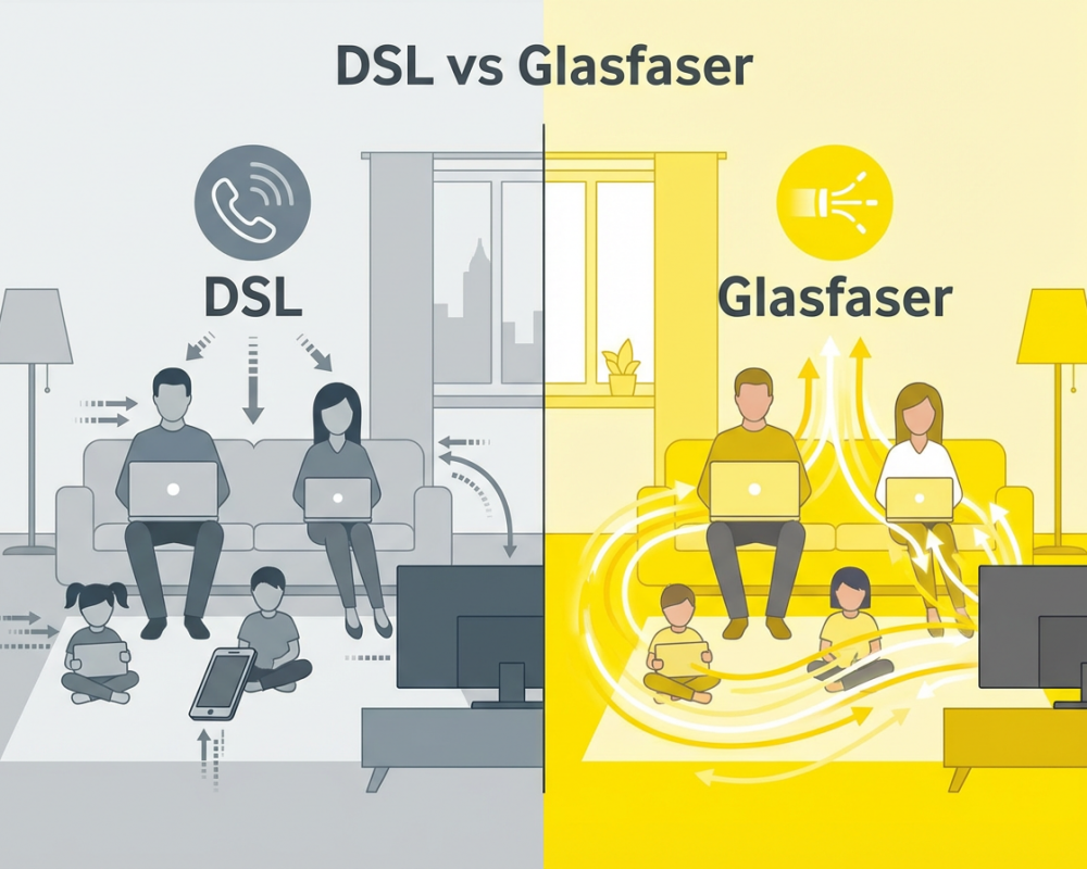 Zwei Familien. Eine Familie nutzt DSL, die andere Glasfaser.