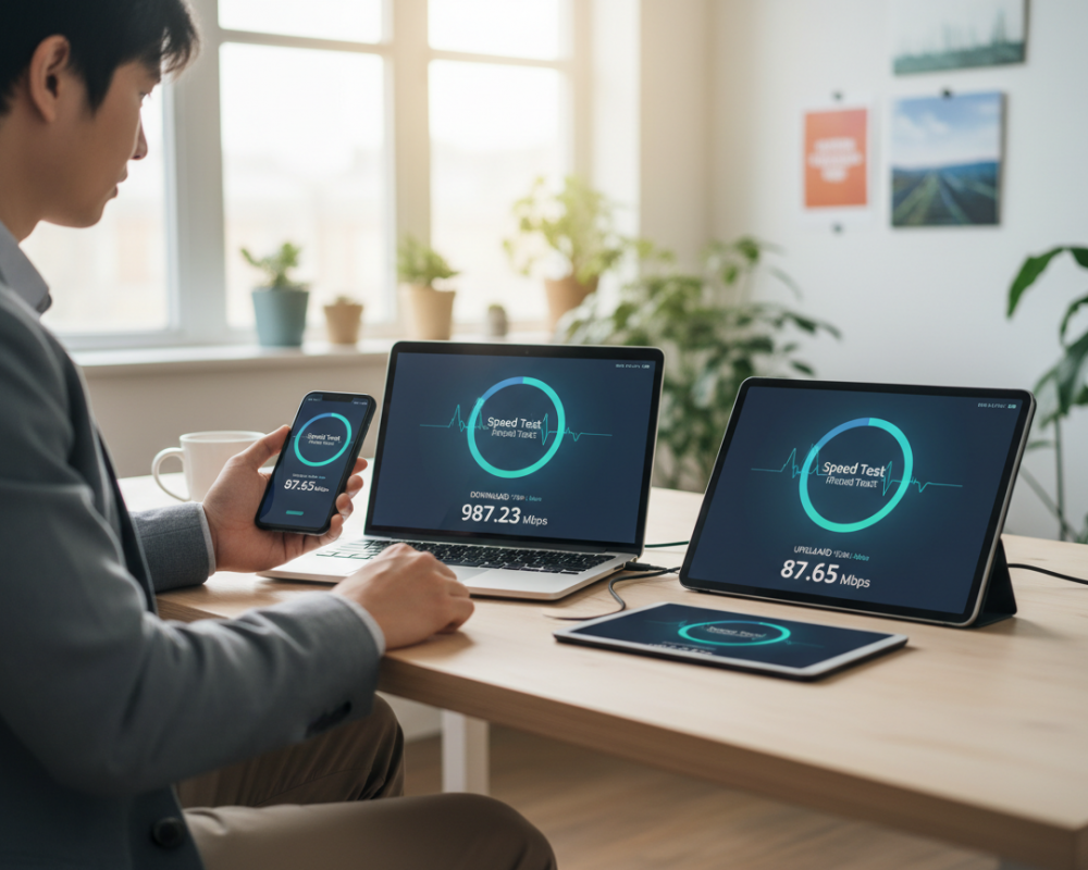 Firefly_Gemini Flash_Moderne Person am Schreibtisch, Laptop, Tablet und Smartphone gleichzeitig online, au 817325