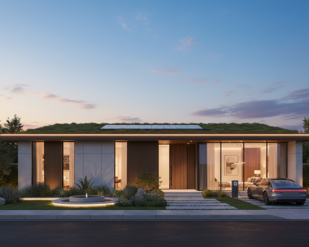 Firefly_Gemini Flash_Modernes Einfamilienhaus in ruhiger Wohngegend, gepflegte Fassade, große Fenster, Abe 851298