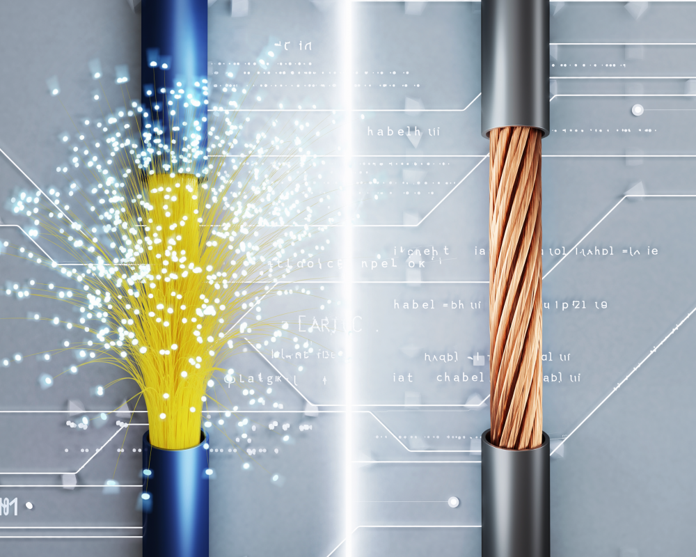 Vergleich von FTTH-Glasfaseranschluss und FTTC-Kupferleitung: links leuchtende Glasfaserkabel, rechts klassische Kupferfaden.