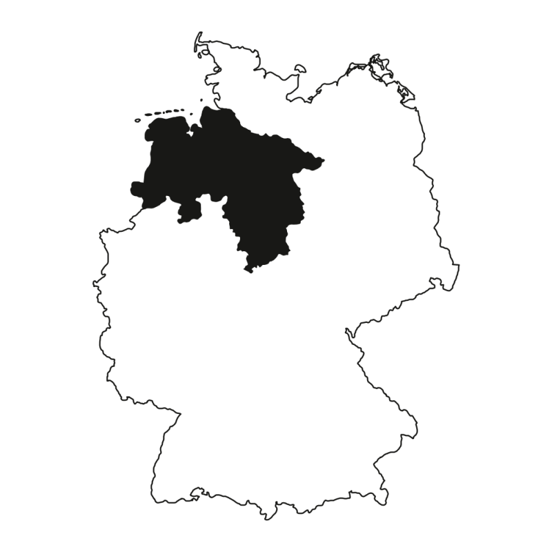 Eine Kartenübersicht von Deutschland, wobei die Region Niedersachsen dunkelgrau hervorgehoben ist.