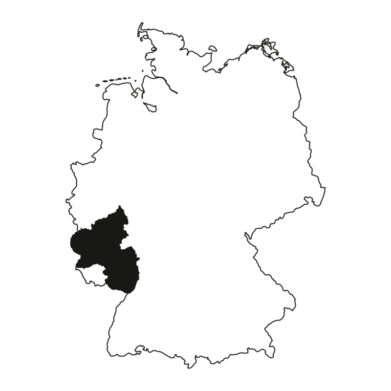 Umrisskarte von Deutschland, wobei die südwestliche Region dunkel hervorgehoben ist und das Bundesland Rheinland-Pfalz darstellt.